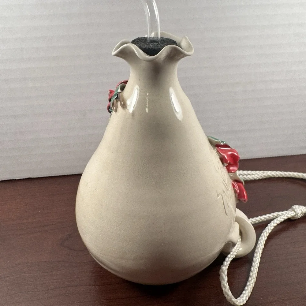 Vintage Artisan Signed 3D Rose Ceramic Hanging Hummingbird Nectar Feeder Beige
